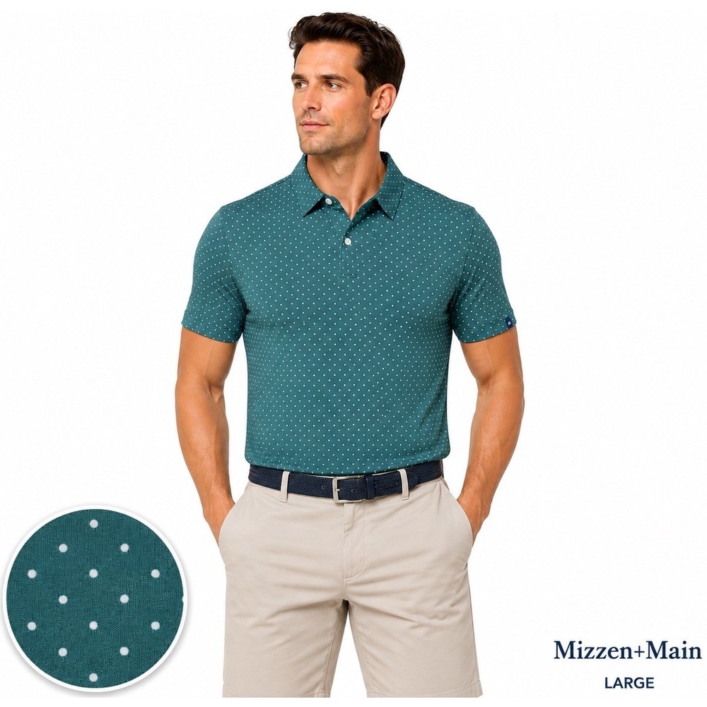 Mizzen+Main Trim Performance Stretch Large Golf Polo Shirt Polka Dot Green Golf